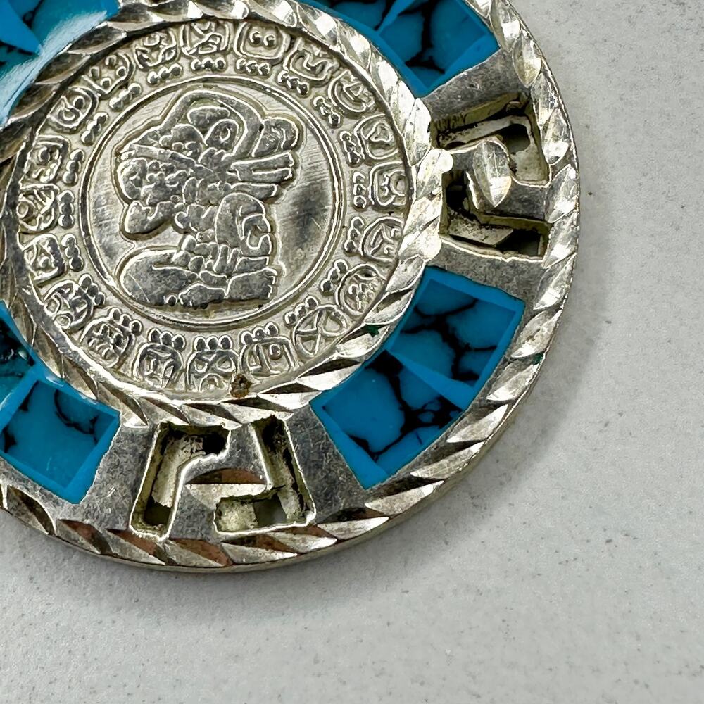 Vintage Sterling Silver 925 Reversible Mayan Calendar Inlay Pendant ✨ - Picture 7 of 12